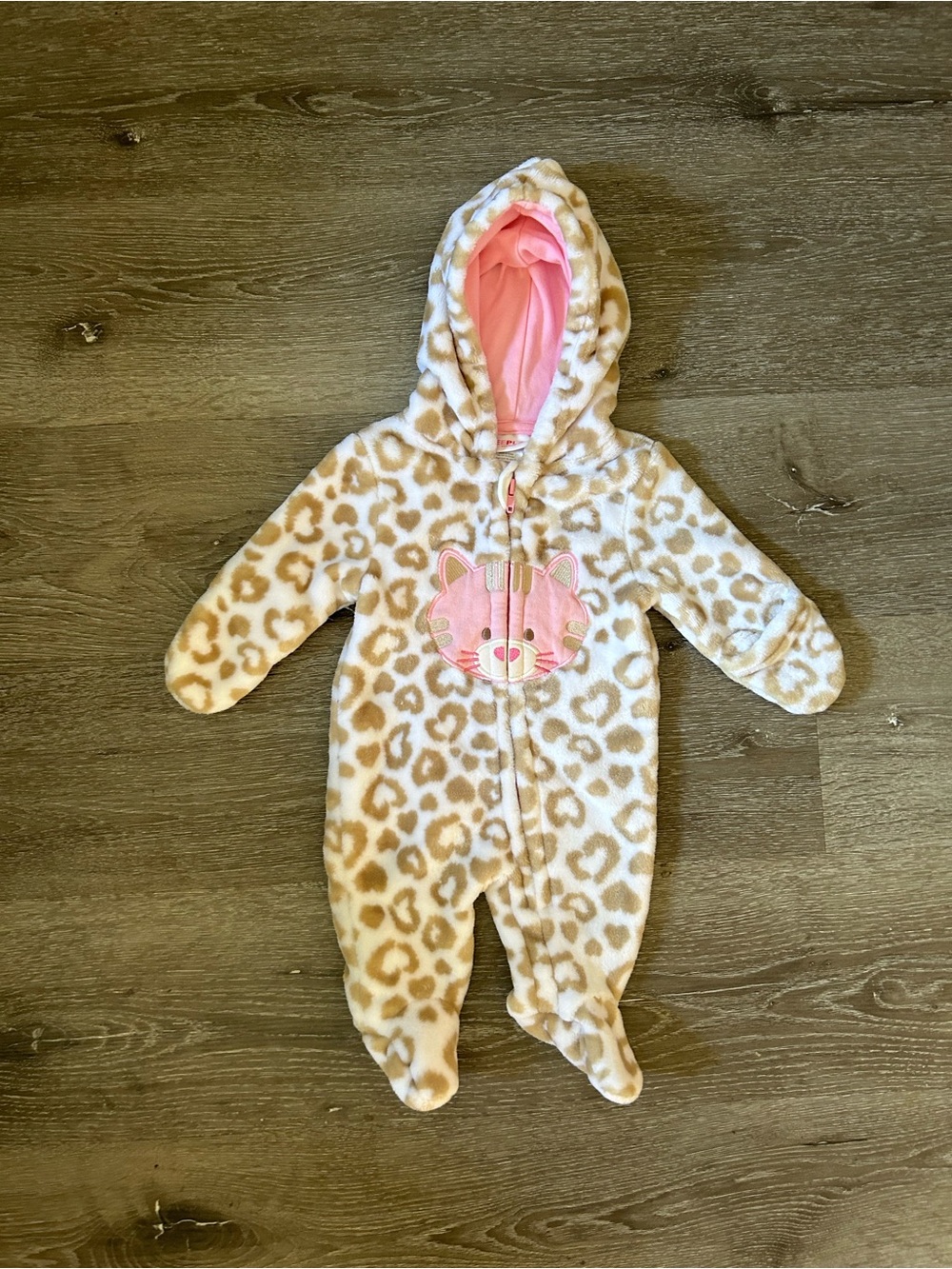 0-3 Months Baby Girl Soft Warm Fuzzy Pink Cat Cheetah Zip Up Winter Body Suit